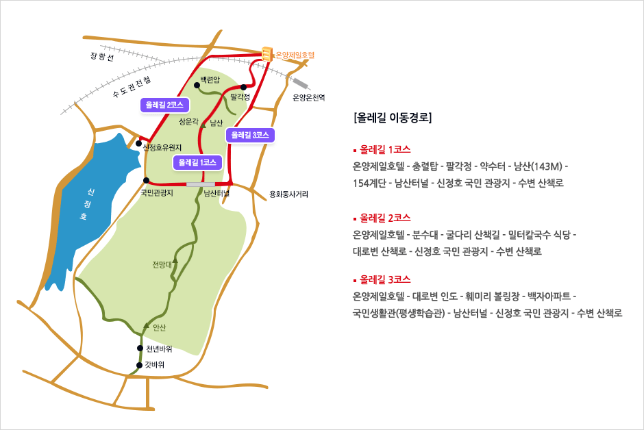 올레길 이동경로 -올레길1코스 : 온양제일호텔 -> 충렬탑 -> 팔각정 -> 약수터 -> 남산(143m) -> 154계단 -> 남산터널 -> 신정호 국민 관광지 -> 수변 산책로 올레길2코스 : 온양제일호텔 -> 분수대 -> 굴다리 산책길 -> 밀터칼국수 식당 -> 대로변 산책로 -> 신정호 국민 관광지 -> 수변 산책로 올레길3코스 : 온양제일호텔 -> 대로변 인도 -> 훼미리 볼링장 -> 백자아파트 -> 국민생활관(평생학습관) -> 남산터널 -> 신정호 국민 관광지 -> 수변 산책로